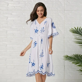 

Jastie Vintage Floral Embroidery Midi Dress Beach Wear Casual 2020 Summer Boho Women Dress Half Sleeve V Neck Button Vestidos