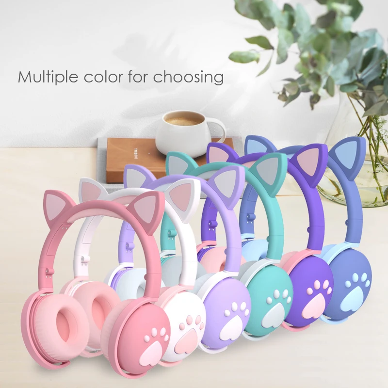 Auriculares inalámbricos con Bluetooth 5,0 y micrófono para niños, bonitos auriculares con pata de Oreja de Gato brillante, regalo para niñas
