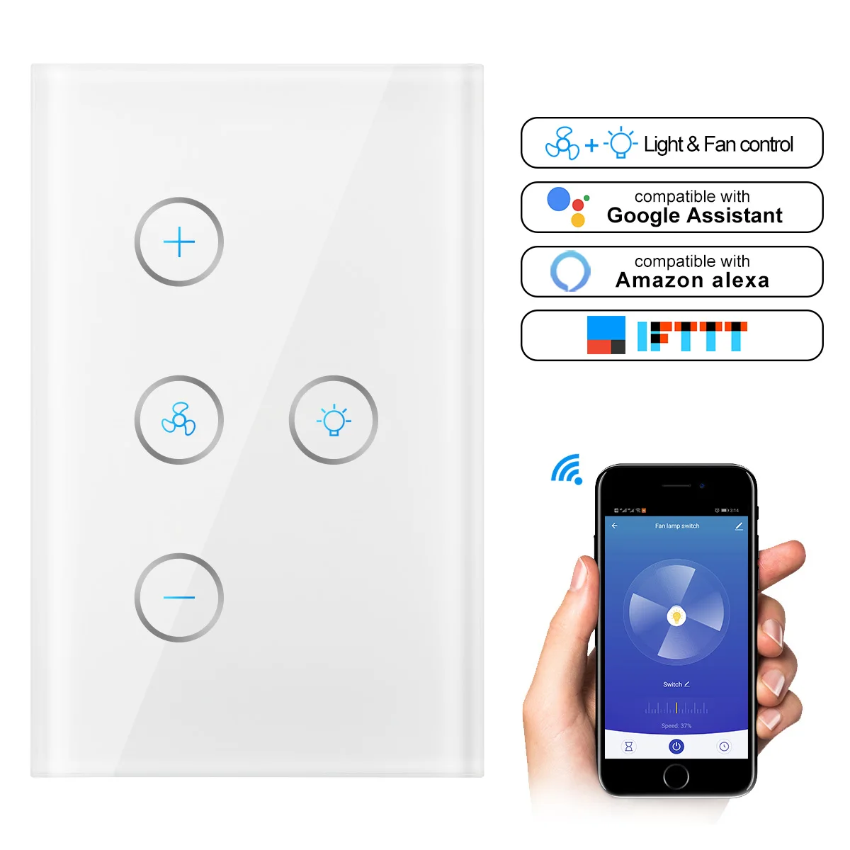 US PLUG WiFi умный потолочный вентилятор светильник настенный выключатель жизни приложение Tuya пульт дистанционного управления различными скоростями прерыватель совместим с Alexa Google Home - Цвет: US PLUG