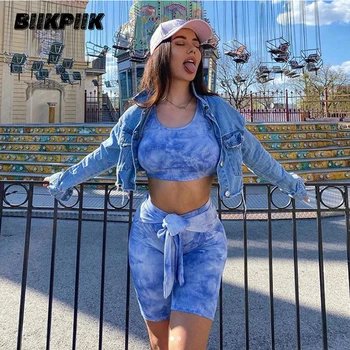 

BIIKPIIK Tie Dye Print Skinny Matching Sets Crop And Sashes Sporting Shorts Women's Set Summer Jogger Women's Two Piece Set