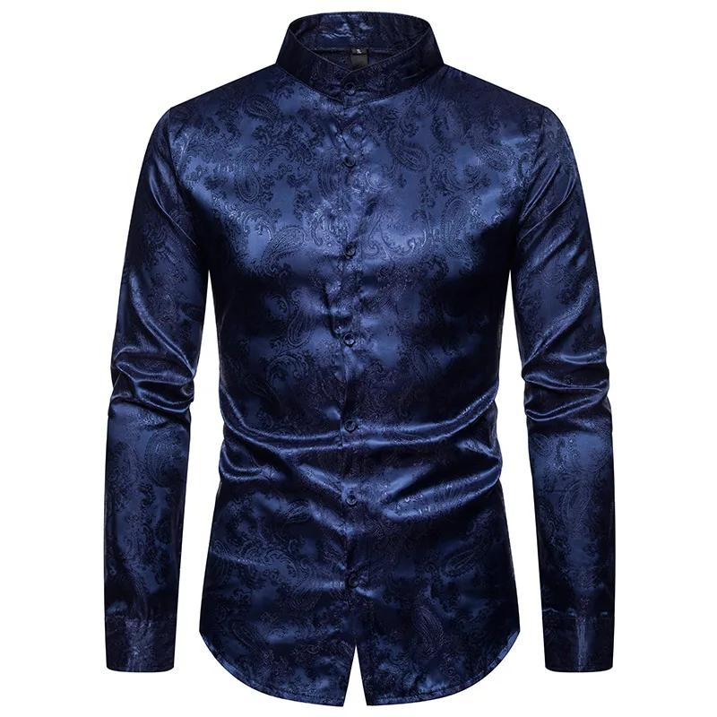 Мужская Повседневная атласная шелковая рубашка темно-синяя рубашка с орнаментом Пейсли модная повседневная приталенная рубашка с воротником-стойкой Мужская Свадебная сорочка Homme