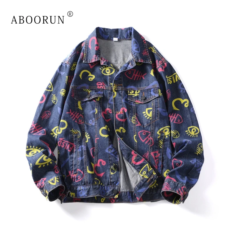 

ABOORUN Funny Cartoon Printed Denim Jackets Men's Hip Hop Denim Coat Loose Cotton Jacket for Male