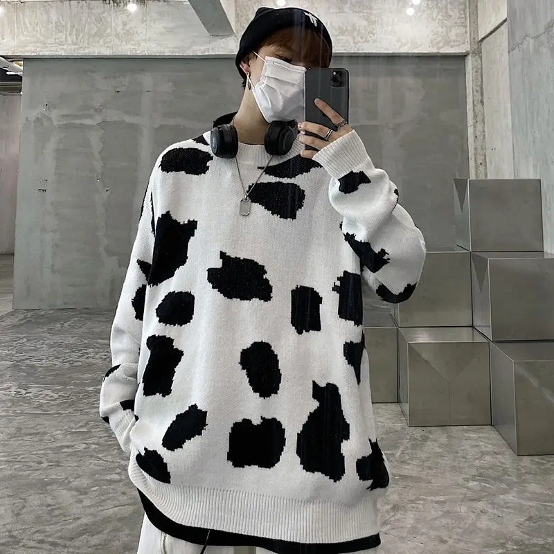 

Korean Cow Sweater Men's Warmth And Fashion Retro Casual Knitted Pullover Men Clothes Loose Winter Couple Knitting Sweaters