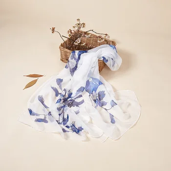 

Artificial Silk Sun Shawl Female Chinese Style Foliage Printing Soft Scarf Travel Holiday Small Long Towel Women 2020 Spring