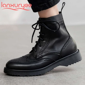 

Lanxuryee genuine leather round toe med heel winter shoes carving cross-tied young lady streetwear casual zipper ankle boots L1a