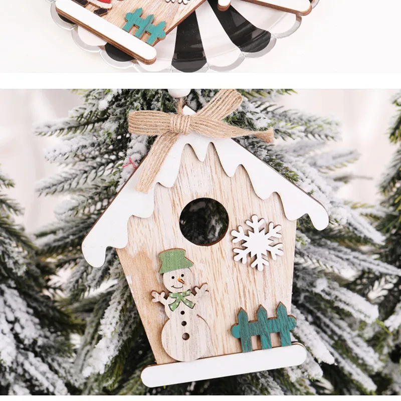 Christmas Decor Wooden Snow House Santa Clause Snowman Bow Christmas Tree Hang Pendant Xmas Party Christmas Home Decor