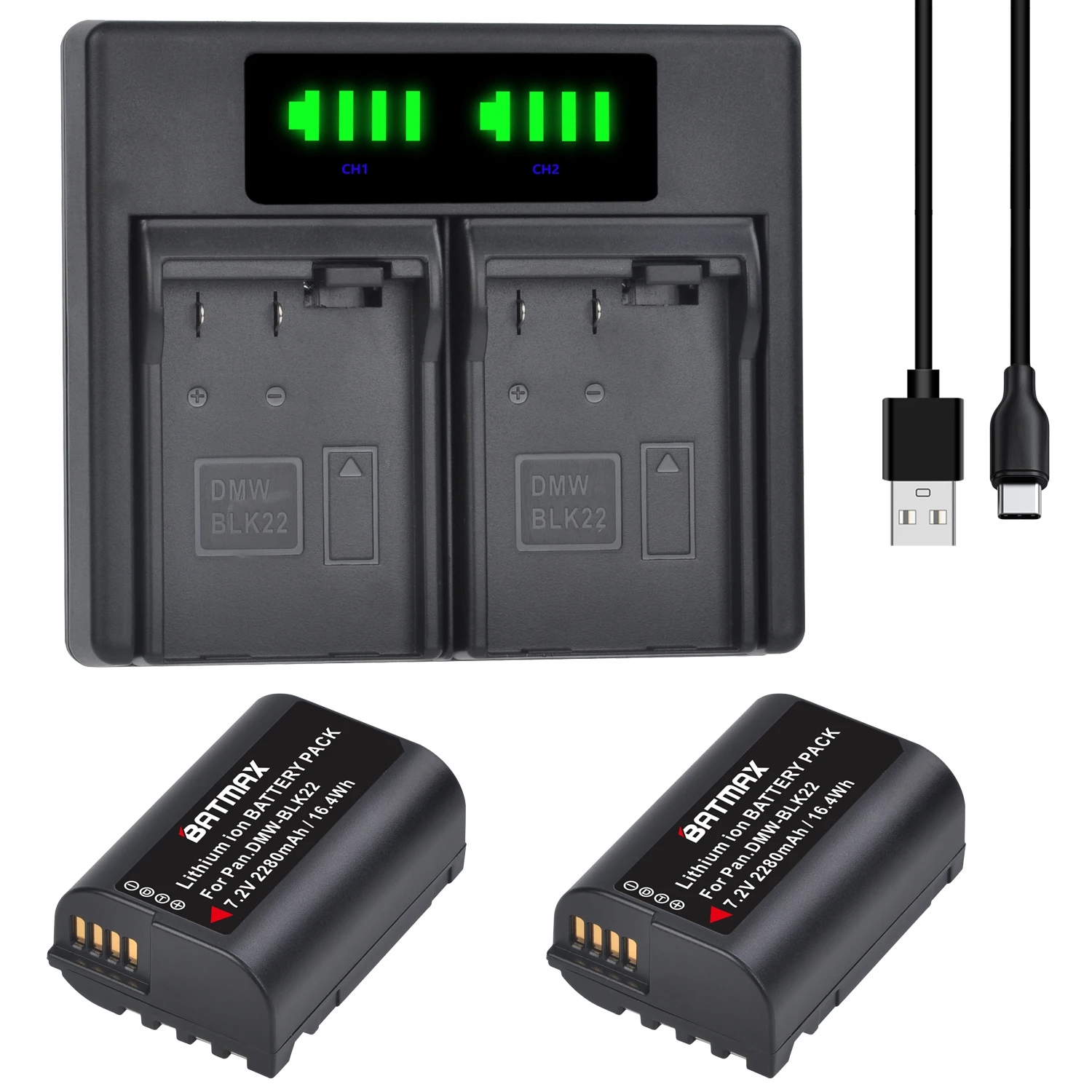 Batmax Dmw-Blk22 Blk22 Batteria + Led Usb Dual Charger Per Panasonic Lumix Dc-S5 Dc-S5K Gh5,Gh5 Mark Iicamera