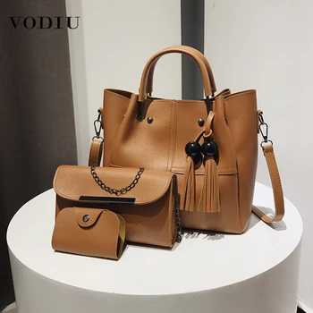 

Women's Bucket Bags For Women 2019 Fashion Three-piece Designer Winter Cross body Tassel Messenger Shoulder Bag Women's Handbag