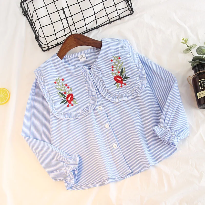 Импортные товары; детская одежда Полосатая рубашка для девочек со складками с отложным воротником Топы хипстер с цветочной вышивкой Хлопковое платье с длинными рукавами, блуза для девочек