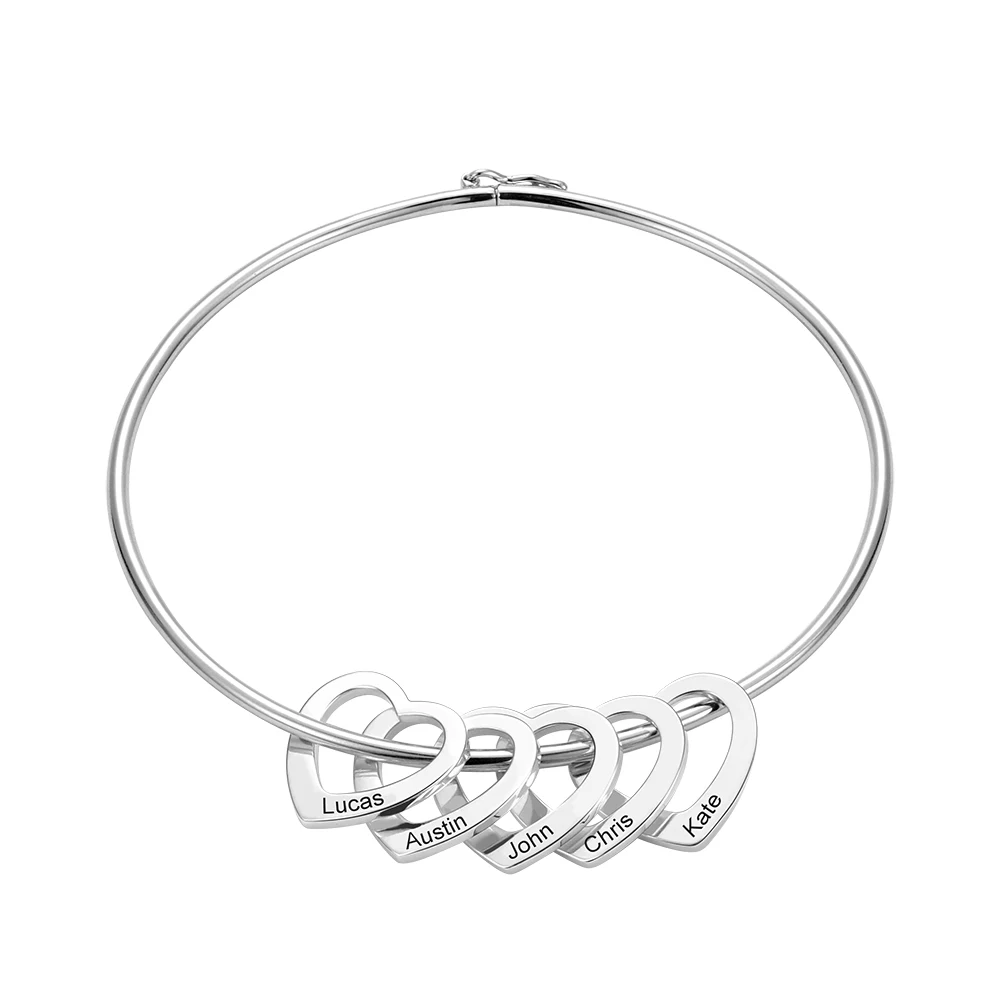 

Sweey Wholesale Personalized Women Name Bracelet with Heart Pendants Custom 1-10 Pendants Bangle with Engraving