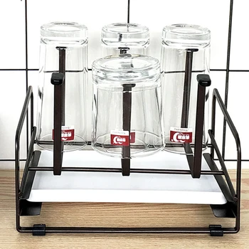 

Wrought Iron Cup Drying Rack Stand Water Glass Organizer Rack with Drain Tray Kitchen Storage & Organization- Coffee