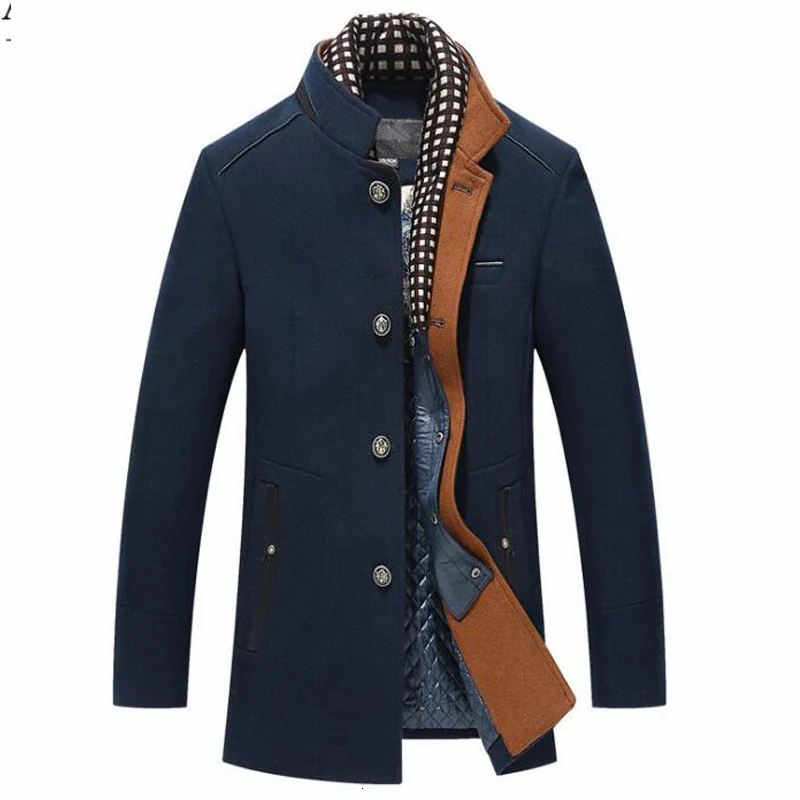 Шерстяное пальто, Мужская зимняя кашемировая куртка, Мужская Повседневная ветровка, длинный приталенный Тренч, пальто из толстой шерсти со съемным шарф плащи - Цвет: NavyBlue