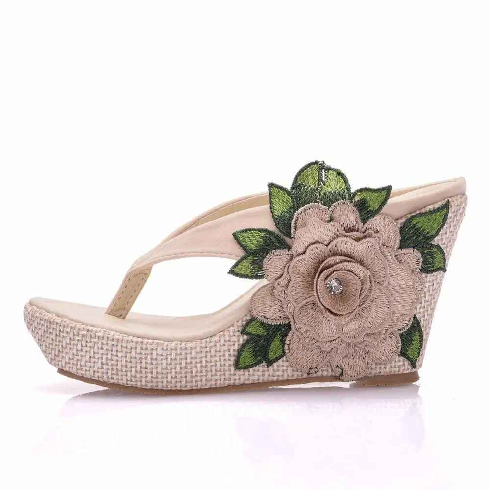 

Plus size 34-43 high wedges lace flower summer beige sandals shoes woman ladies slipper casual sweet designer sandalias feminina