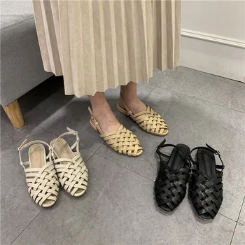 

2020 New Fairy Style Woven Baotou Flat Bottom Roman Hollow Sandals Women Tide