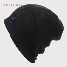 VEITHDIA, женские шапки, женские кашемировые, повседневные, Осень-зима, брендовые, двухслойные, толстые, стразы, вязаные, для девочек, Skullies Beanies