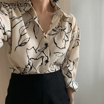 

nomikuma flower printed loose blouse women turn down collar long sleeve single breasted vintage shirts fashion new tops 3a116