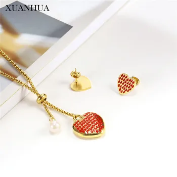 

XUANHUA Pearl Heart Necklace Set Of Earrings For Women Stainless Steel Jewelry For Woman Vogue 2019 Jewellery Accessories