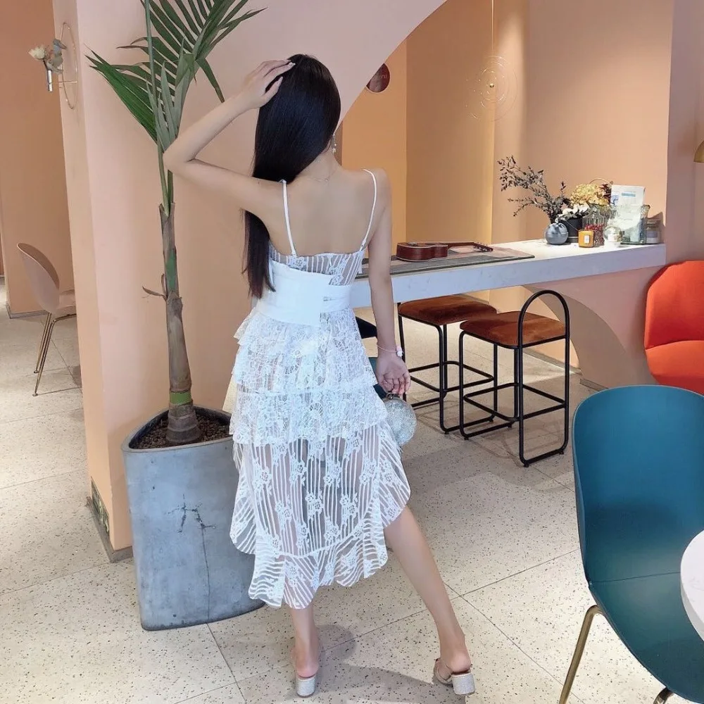 WHITNEY WANG весна лето мода уличная Спагетти ремень асимметричное кружевное платье с поясом женское праздничное пляжное платье