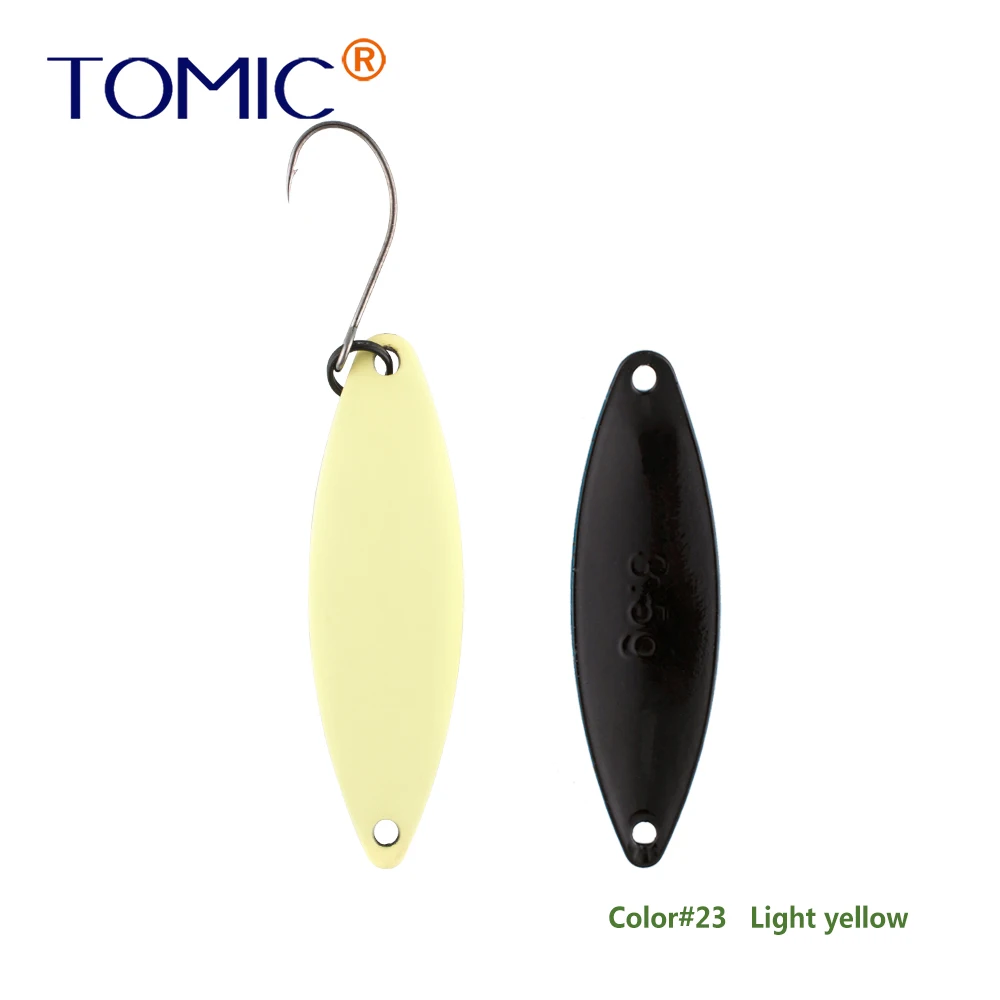 Light yellow Tomic 1 шт. 1,6 г 2,7 г 3,5 г микро узкие латунные металлические ложки УФ сверкающие цвета окунь форель области один крючок рыболовные приманки Pesca - Цвет: Light yellow