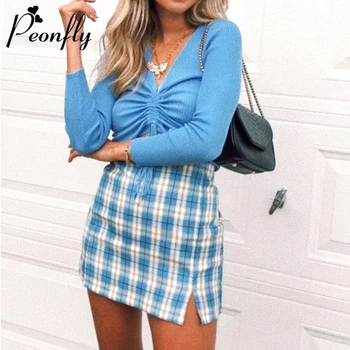

PEONFLY Casual Plaid Printed Skirts High Waist Split Zipper Skirts For Women Vintage 2020 Spring Female School Skirts Ladies