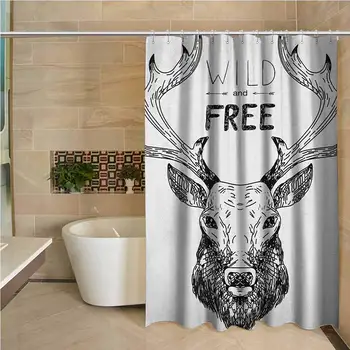 

Adventure Waterproof and colorful shower curtain Artistic Deer Head Tribal Sketch with Antlers Inspirational Wild and Free