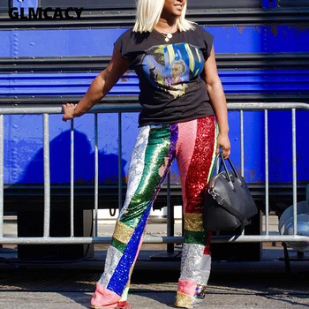 

Women Plus Size Sequined Shining Sparkly Bodycon Wide Leg Pants High Waist Slim Fit Splicing Fashion Trends Street Wear Pants