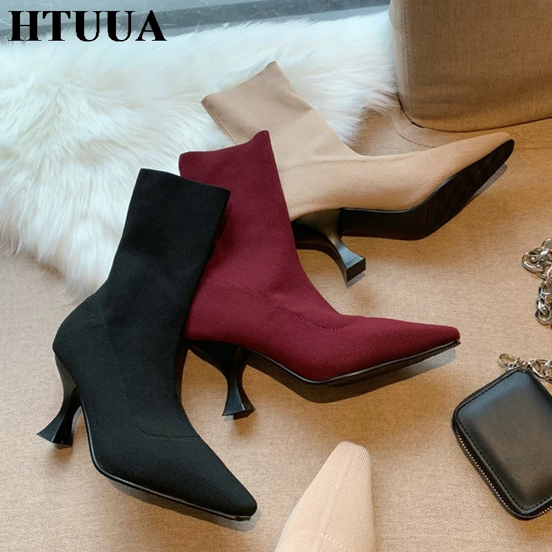 

HTUUA Autumn Knitted Elastic Sock Boots Women Sexy High Heels Booties Female Stretch Pointed Toe Ankle Boots Ladies Shoes SX3403