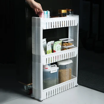

3/4 Layer Gap Kitchen Storage Shelf Rack Slim Slide Tower Movable Assemble With Wheels Bathroom Accessories Kitchen MJ925