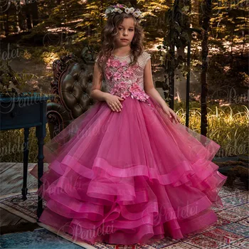 

Luxury Flower Girl Dress Sleeveless Applique Cascading Fluffy Tulle Ball Gown Formal Occasion Girl Party Birthday Pageant Dress