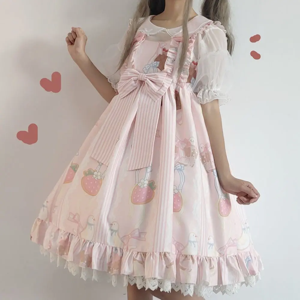 Japanese Style Kawaii Lolita Jsk Drsss Women Cute Cartoon Print Lace Bow Princess Dresses Girls Sweet Party Mini Dresses