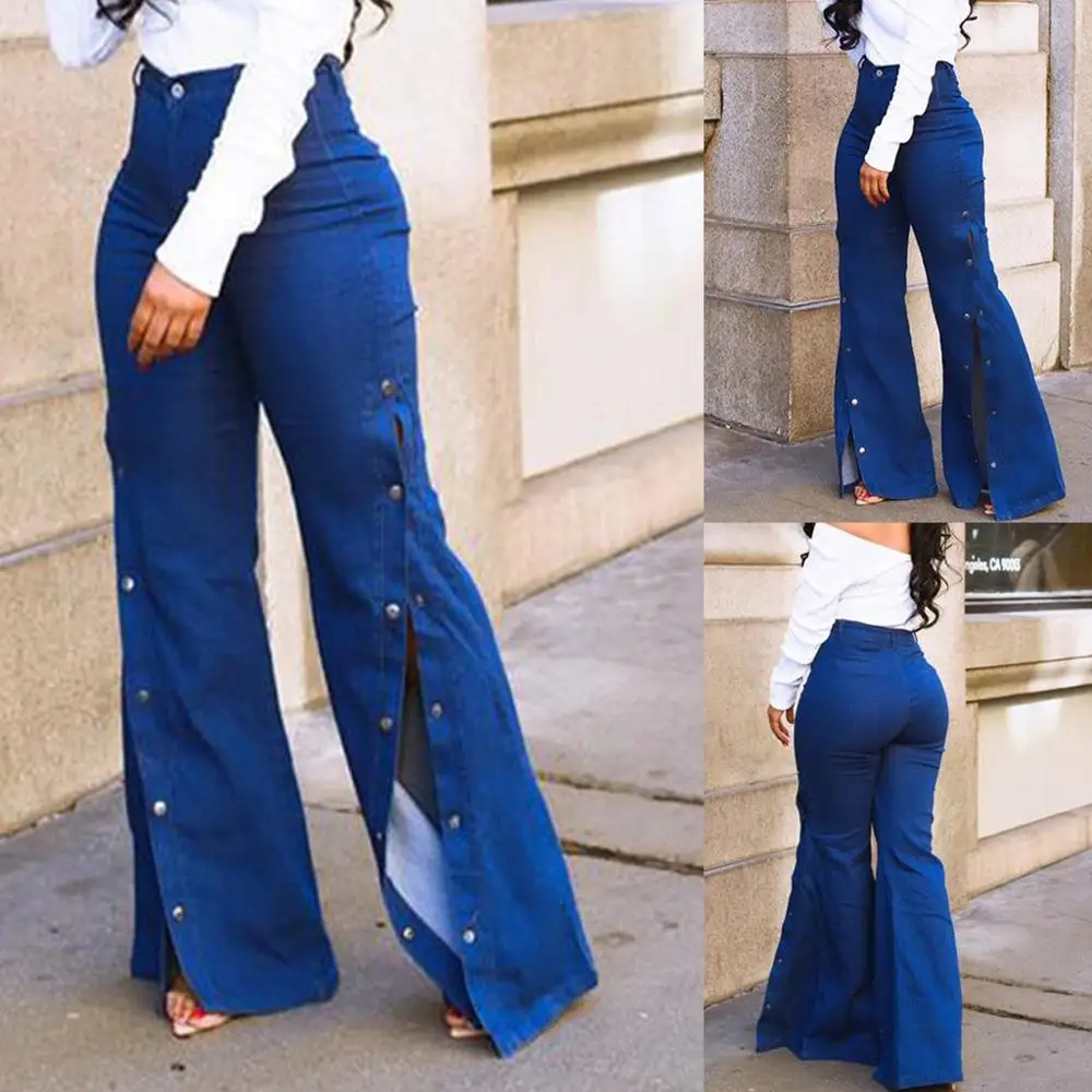

Women's High Waist Loose Jeans Button Pants Trousers Bell-bottom Pants zipper denim pocket Ladies jeans