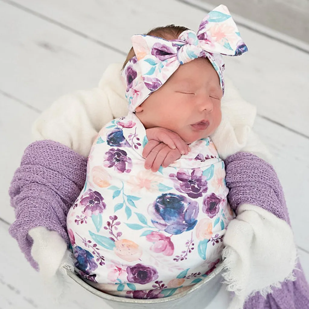 

Newborn Baby Boy Girl Printed Crib Sleeping Bag Baby Wrap Swaddle Clothes Set New Born Photography Receiving Blankets Floral @35