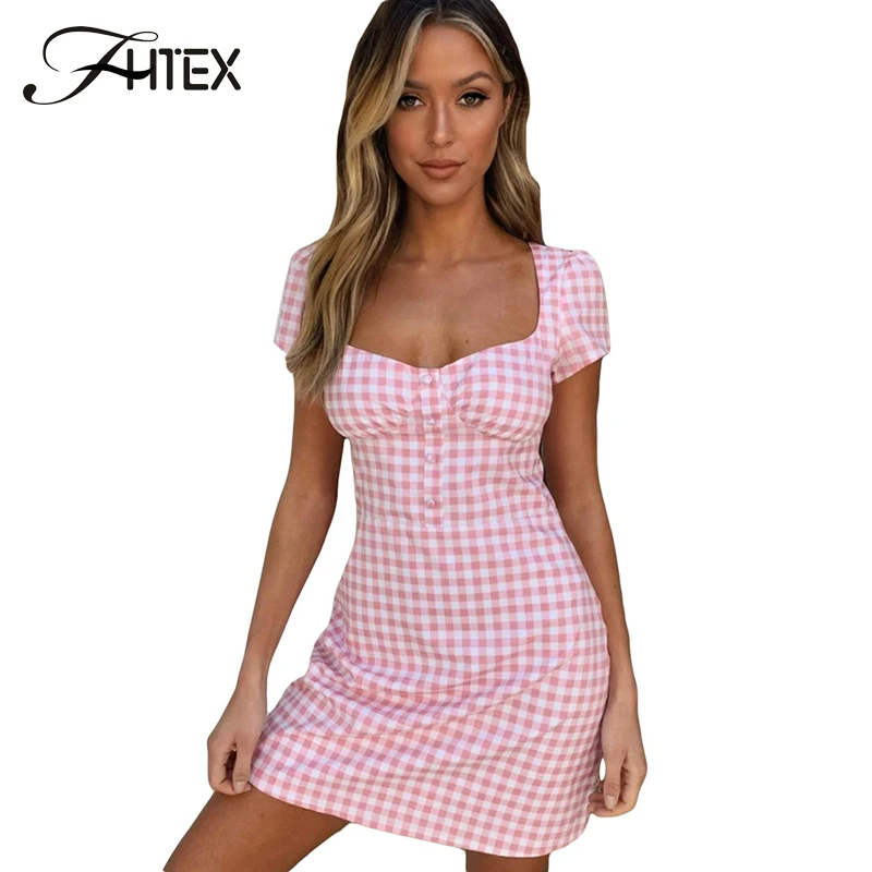 

Square Neck Sweet Casual Dress Women Plaid Slim Party Dresses Modern Lady Going Out Backless Lace Up Button Pink Dress