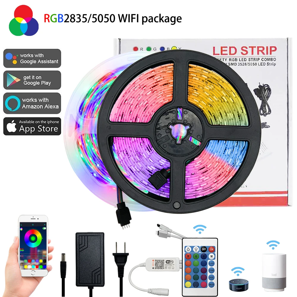 

Smart Wifi RGB LED Colored Light Strips Ribbon Diode Tape 12V 220V Decorative Backlight Works with Alexa IR Controller for Room