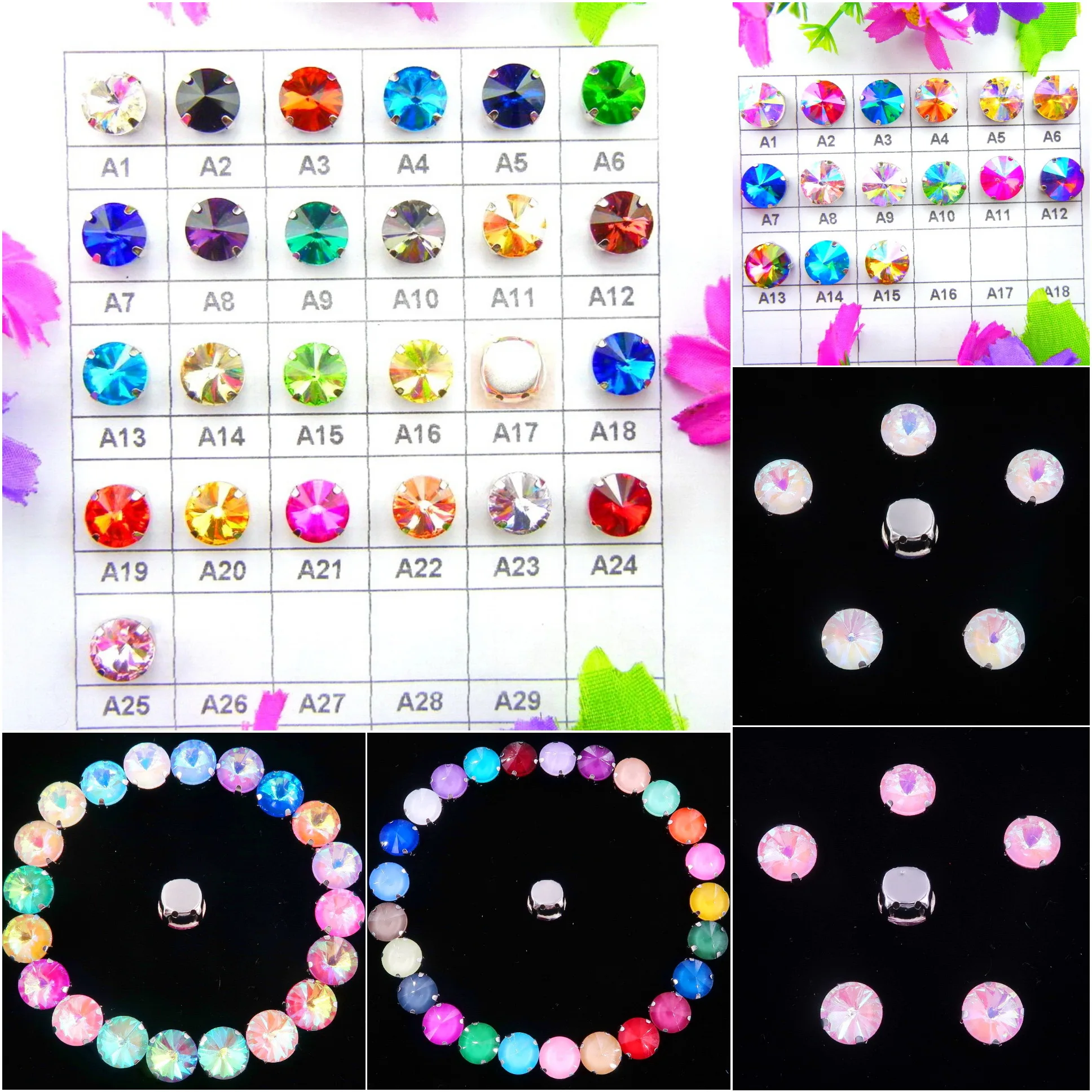 

Glass Crystal silver claw 7 sizes colors mix Rivoli round shape Sew on rhinestone beads garment shoes accessories diy decoration