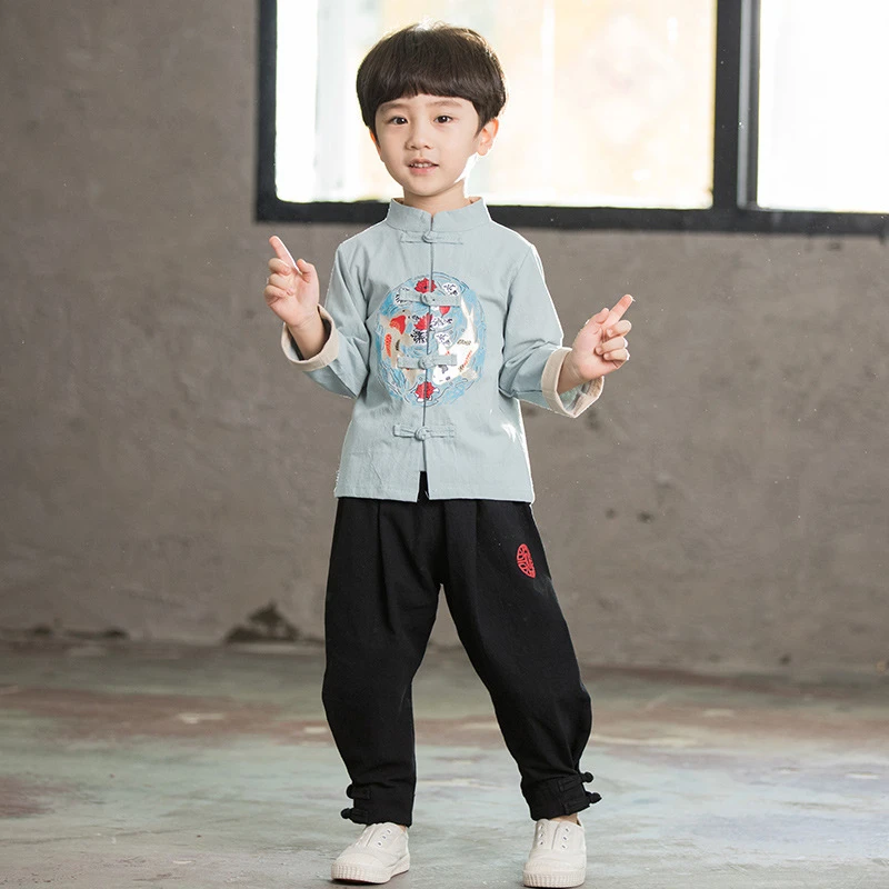 2Pcs Boy Chinese Traditional Clothing for Kids New Year Costumes Tang Suit Hanfu Children Cosplay Spring Festival Top + Pants Sets chinese dress