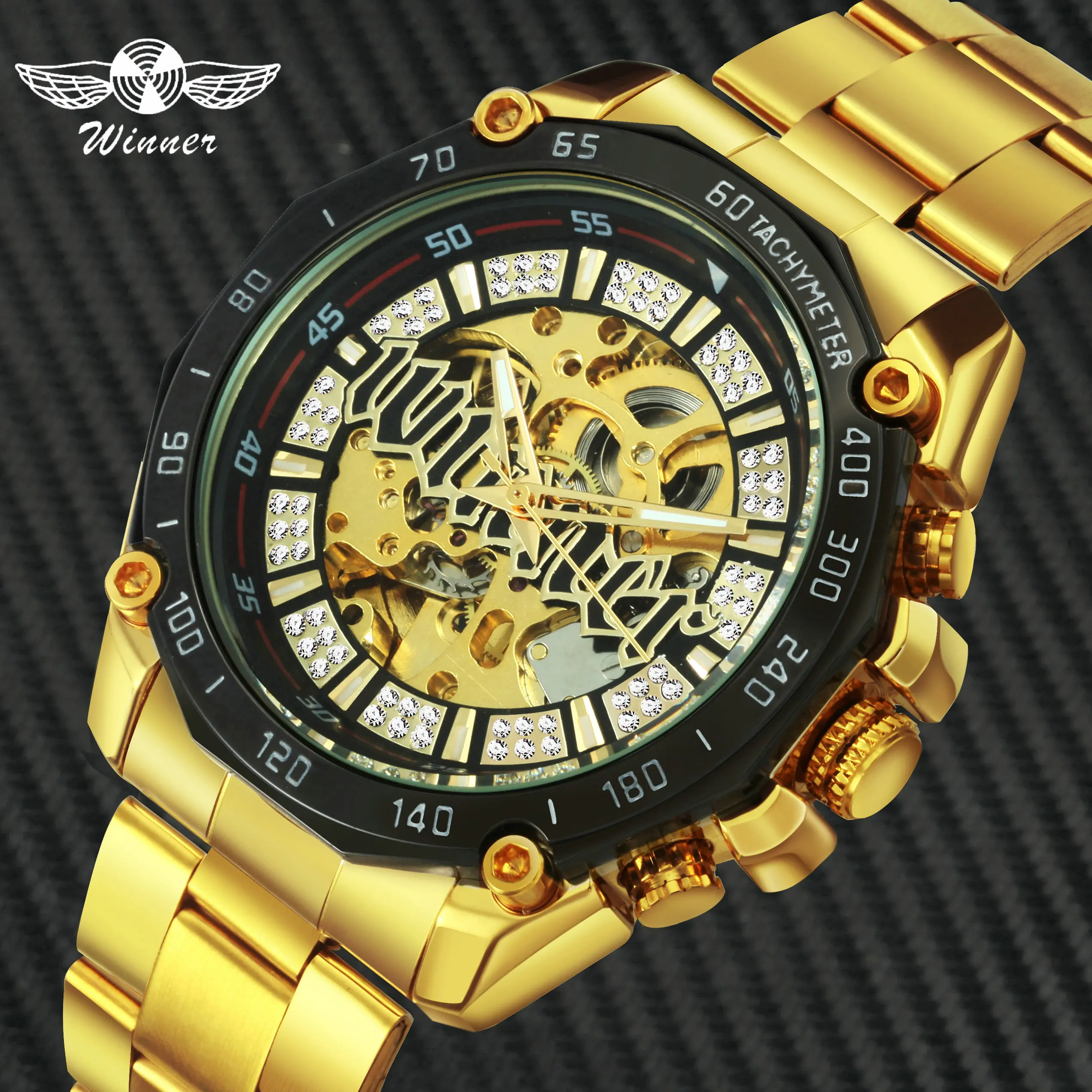 

WINNER Luxury Brand Automatic Watch Men Iced Out Rhinestone hiphop Punk Golden Watches Steel Strap Wristwatches 2019 NEW Trendy
