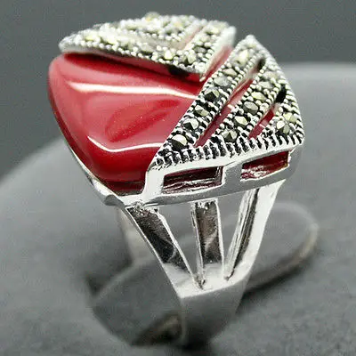 14*15mm Square Red Coral  Marcasite 925 Sterling Silver Ring Size 7/8/9/10