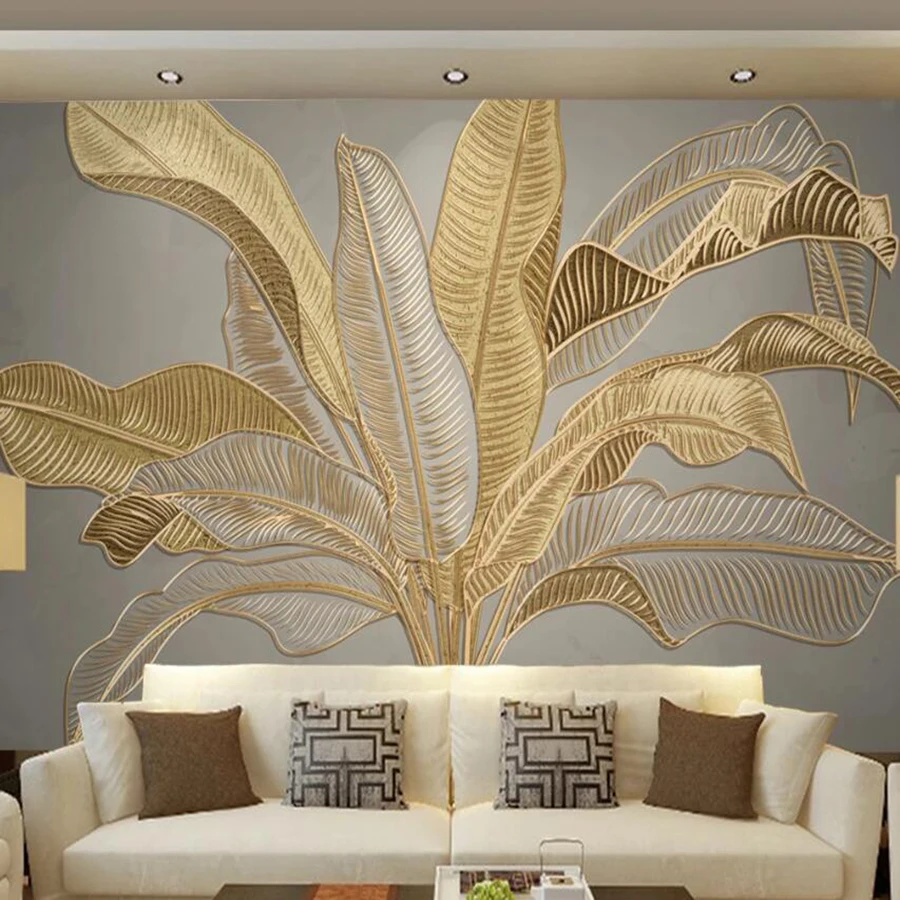 

custom 3D mural wallpaper atmospheric banana leaf Nordic green plants light luxury golden embossed line background wall
