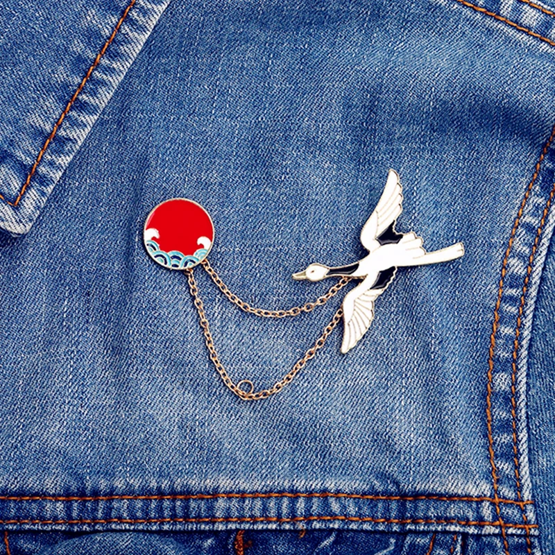 Japanese Crane Tsuru Waves and Rising Sun Enamel Brooch Pins Metal