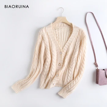 

BIAORUINA Women's Single Breasted V-neck Solid Color Winding Knitted Cardigan Female Loose All-match Casual Sweater One Size