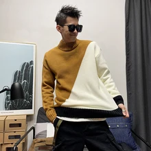Мужской свитер, теплый, модный, контрастный цвет, Повседневный, круглый вырез, вязаный пуловер, Мужская Уличная одежда, вязаные свитера, мужской свитер, одежда