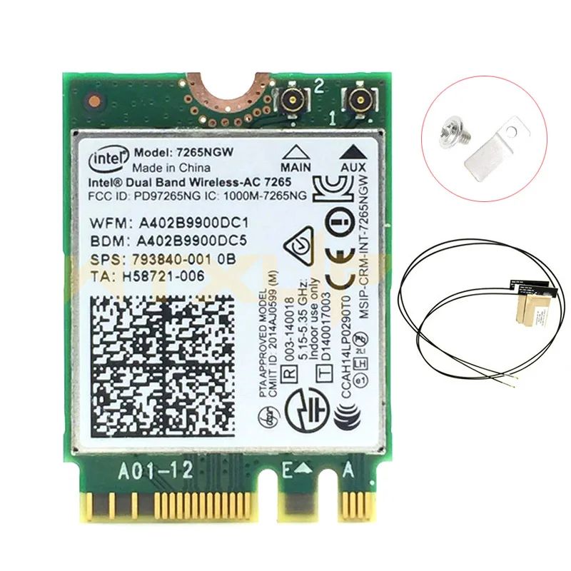

300 + 867Mbps Wireless Adapter 7265 7265NGW NGFF M.2 Wlan Card Wifi Network Card with Antenna Bluetooth 4.0 802.11ac 2.4G/5GHz
