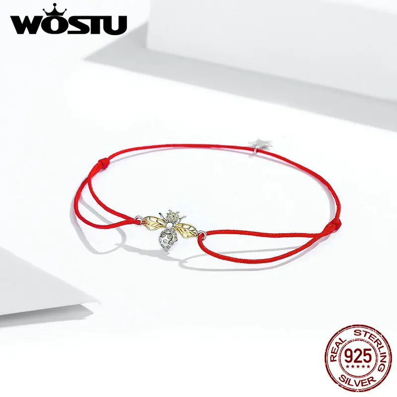 

WOSTU Hot Sale Authentic 925 Sterling Silver Red Rope Bee Bracelet For Women Mean Lucky Every Day Jewelry Gift FIB156