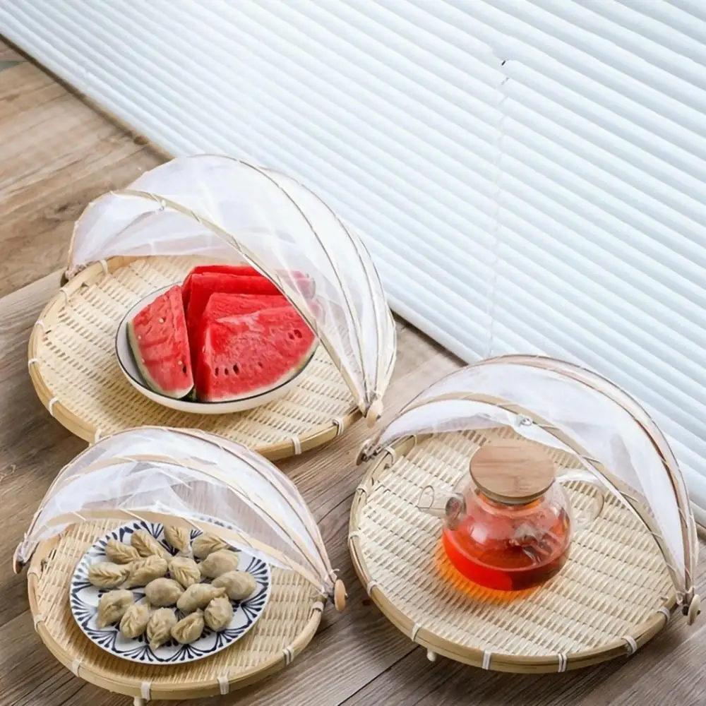 

Dome shaped Tray Fruit Vegetable Storage Basket Hand-Woven Food Serving Tent Simple Atmosphere Outdoor Picnic Mesh Net Cover