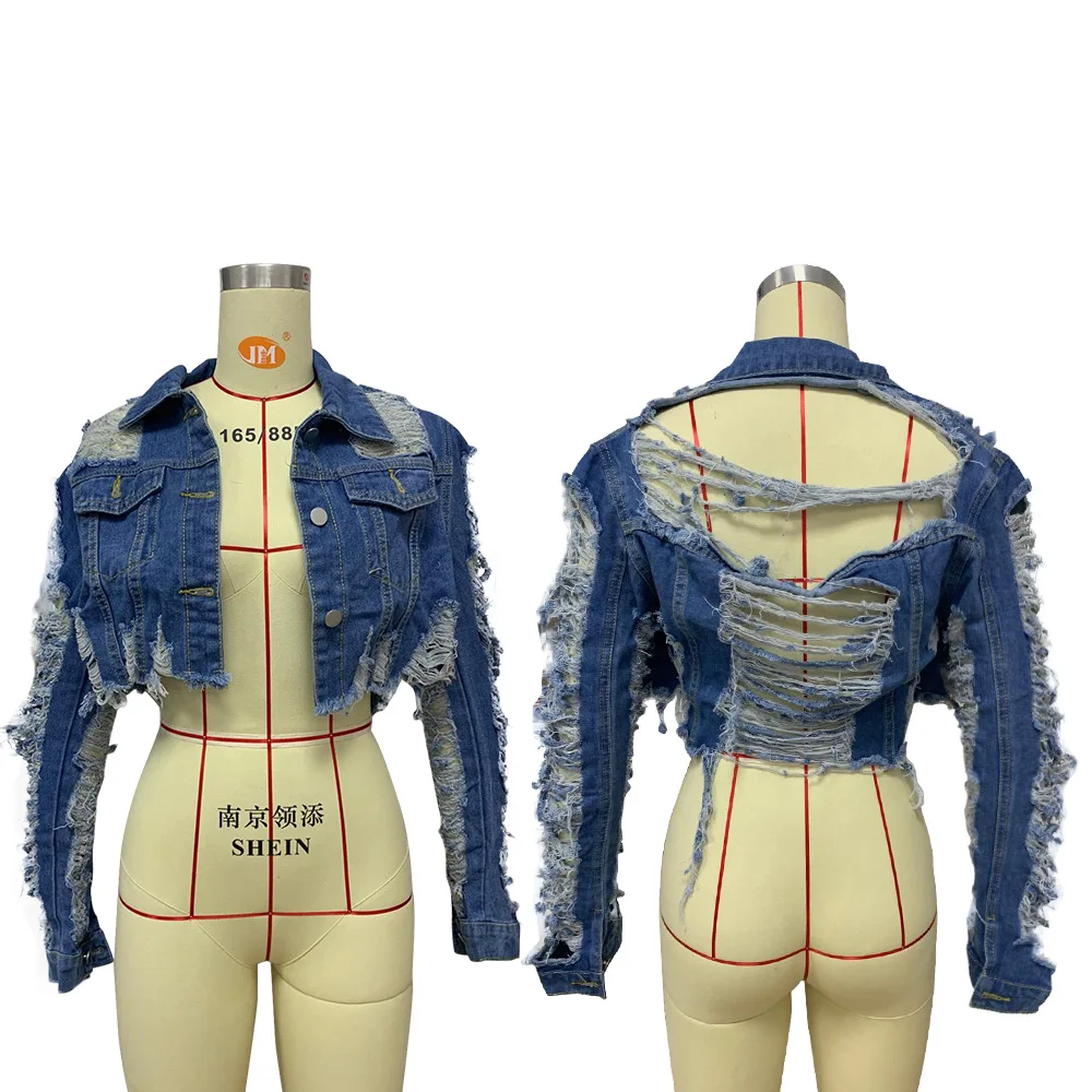 Echoine Turn-down Colarinho Jean Jaqueta Vintage Sexy Buraco Curto Denim Feminina Casual Azul Moda Cabolsas Outwear 13 Cheap Jaquetas básicas