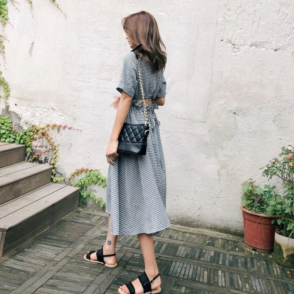 

Photo Shoot CHIC Normcore Style Retro Plaid Crew Neck Scheming Backless Elegant Waist Hugging Bandage Cloth Big Hemline Dress Wo