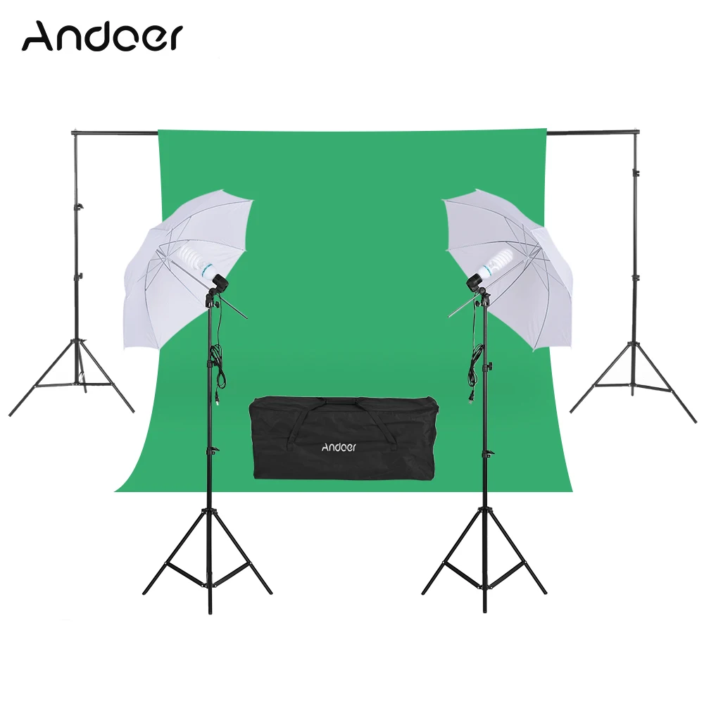 Andoer набор для фотосъемки 2*3 м подставка для фона+ зеленый муслиновый фон+ светильник с лампочками 2 шт. 3" белый мягкий светильник с зонтиком для фотостудии