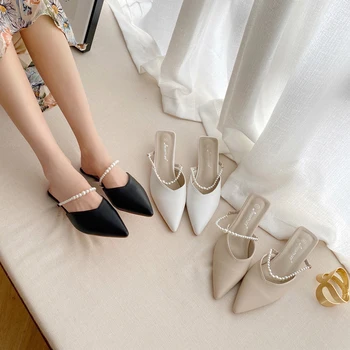 

String Bead Mules Women Pointed Toe Heels Slipper Slip on Pump Fashion Spike Heel Slides Shallow Shoes Luxury Sandalias Mujer