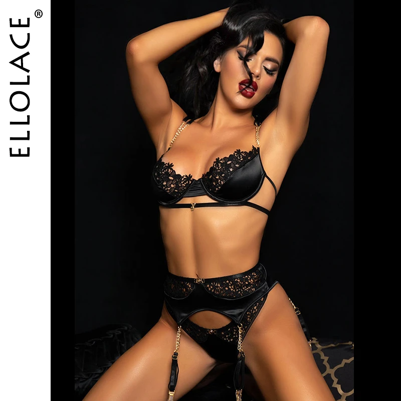 lounge underwear set Ellolace Fancy Women's Underwear Lingerie Sexy Lace Bra with Chain Strap Garters Thongs Black Brief Sets Underwire Bilizna Set bra and brief sets